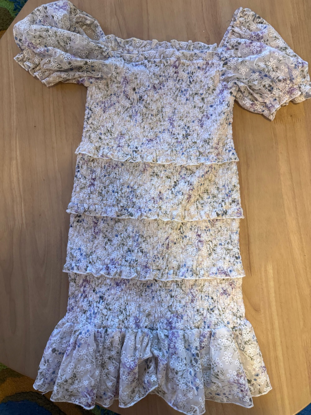 Smocked Floral Ruffle Tube Top - White with Lavender and Green